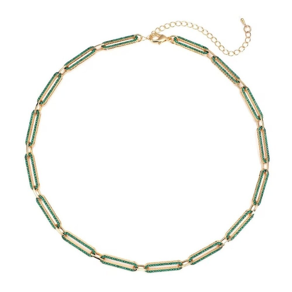 Beautiful Green Austrian Crystal Paperclip Necklace in Goldtone 18-22 Inches